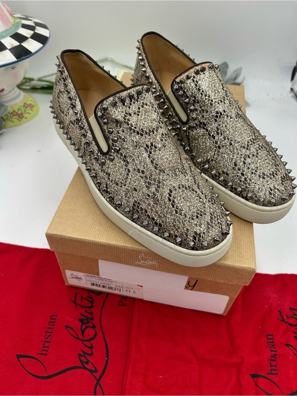 Men's Christian Louboutin slip on sneaker metallic spikes animal print size 46